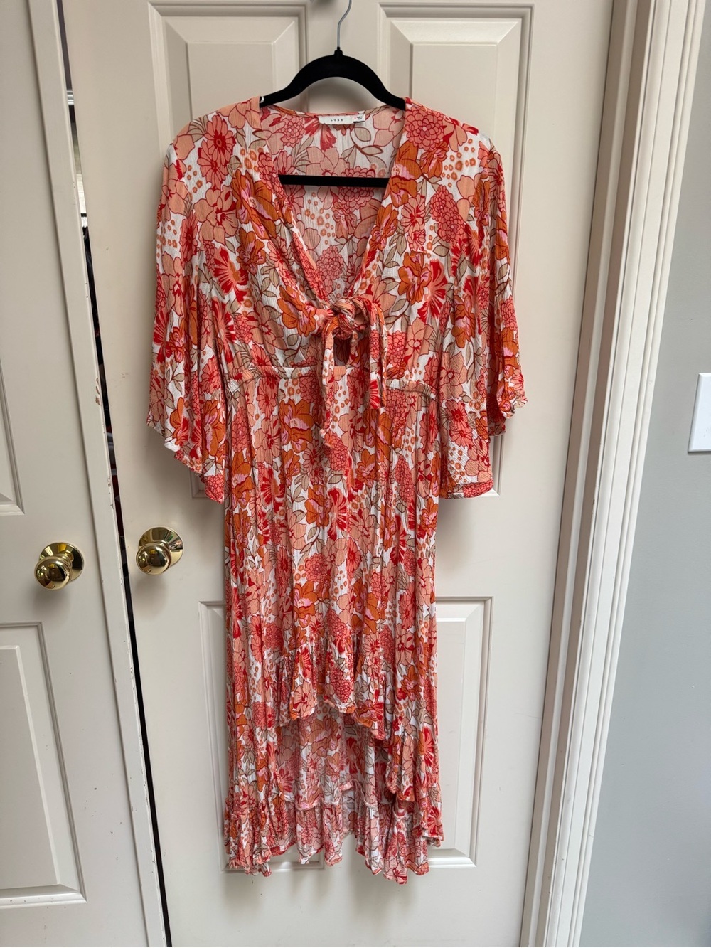 Lush Coral and Peach Floral High-Low Midi Dress